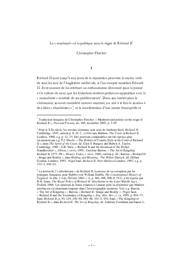 Manhood and politics in the reign of Richard II : traduction française