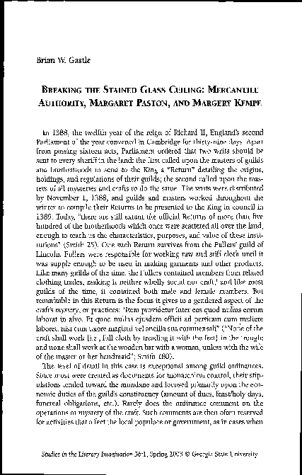 Breaking the Stained Glass Ceiling: Mercantile Authority, Margaret Paston, and Margery Kempe