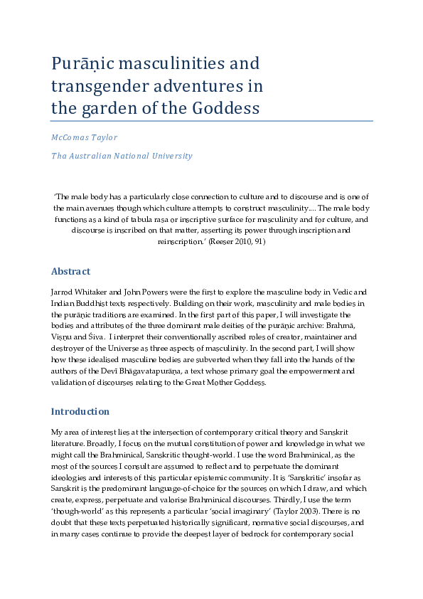 (PDF) Purāṇic masculinities and transgender adventures in the garden of ...