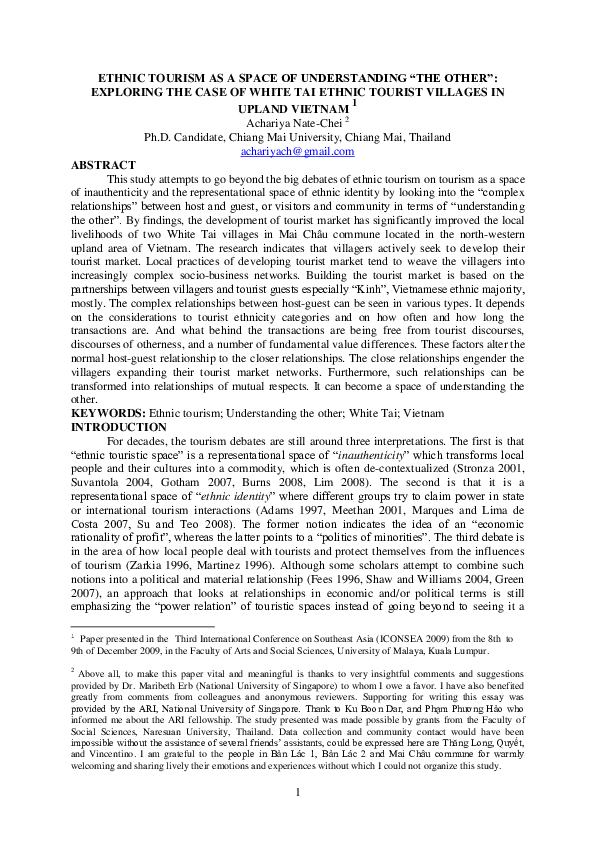 First page of “Ethnic Tourism as a Space of Understanding “the Other”?:                                            Exploring the Case of White Tai Ethnic Tourist Villages in Upland Vietnam”