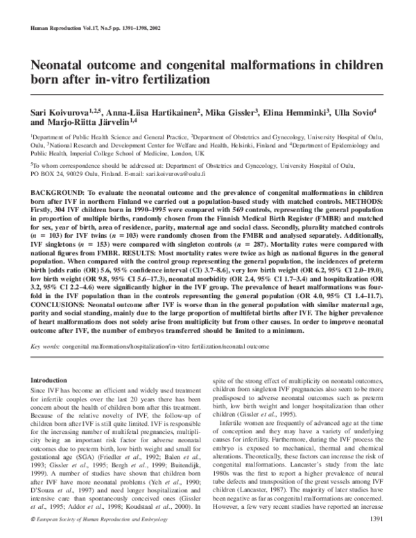 (PDF) Neonatal outcome and congenital malformations in children born ...