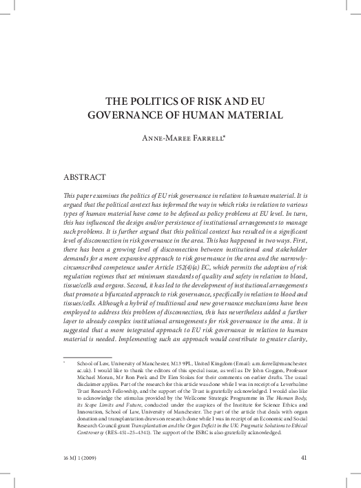 (PDF) AM Farrell, ‘The politics of risk and EU governance of human material' (2009) 16(1