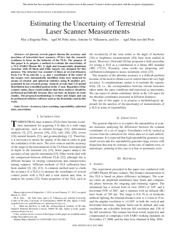 (PDF) Estimating the uncertainty of Terrestrial Laser Scanner measurements