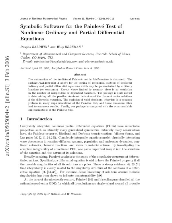 (PDF) Symbolic software for the Painlevé test of nonlinear ordinary and ...