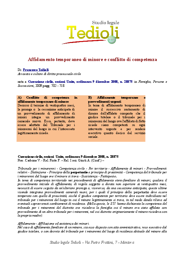 (PDF) Affidamento temporaneo di minore e conflitto di competenza
