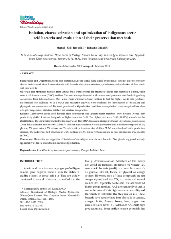 (PDF) Isolation, characterization and optimization of indigenous acetic ...
