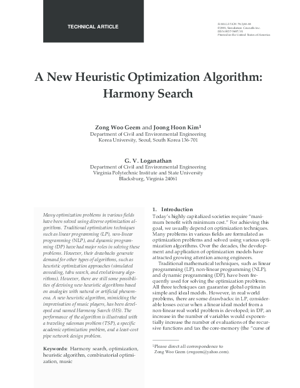 (PDF) A New Heuristic Optimization Algorithm: Harmony Search