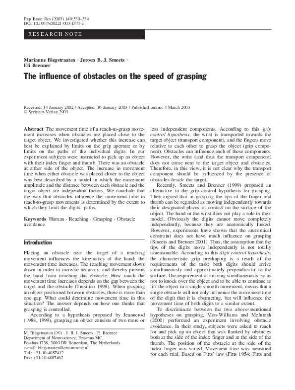 (PDF) The influence of obstacles on the speed of grasping