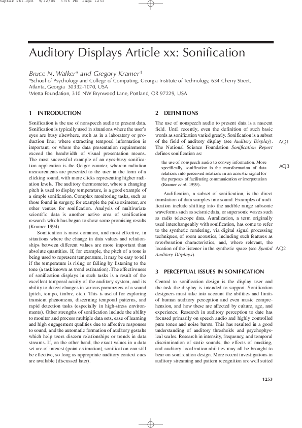 (PDF) Auditory Displays Article xx: Sonification