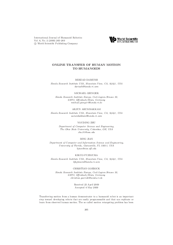(PDF) Online transfer of human motion to humanoids