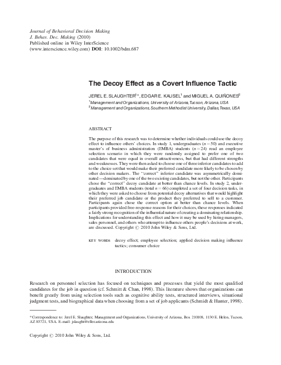 (PDF) The decoy effect as a covert influence tactic Edgar E. Kausel