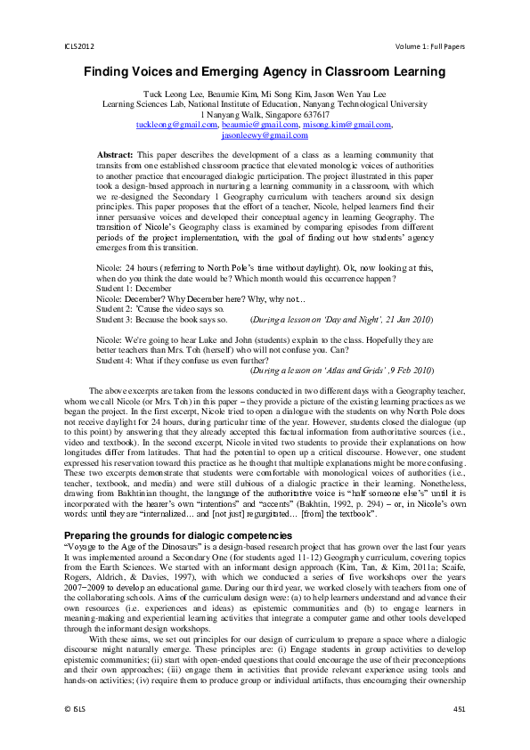 (PDF) Finding voices and emerging agency in classroom learning