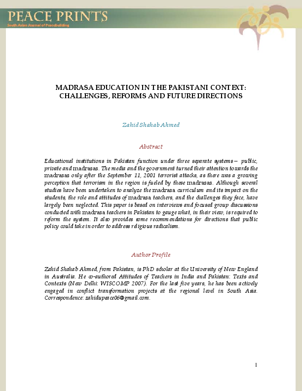 (PDF) MADRASA EDUCATION IN THE PAKISTANI CONTEXT: CHALLENGES, REFORMS ...
