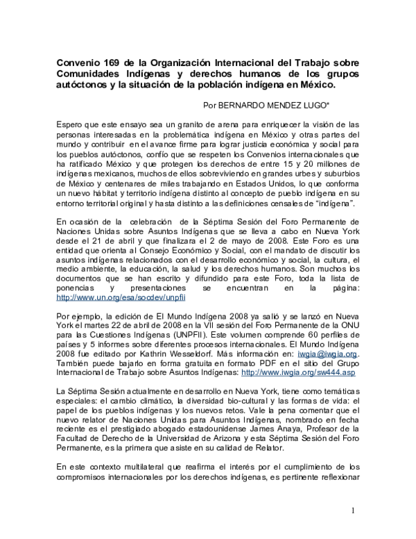 (DOC) El convenio 169 de la OIT sobre comunidades indígenas y la situación de los derechos