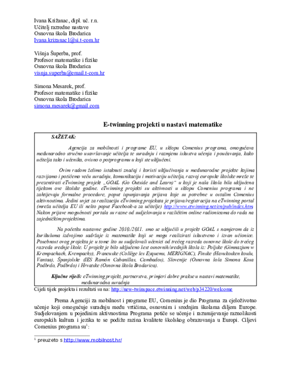 (DOC) eTwinning projekti u nastavi matematike