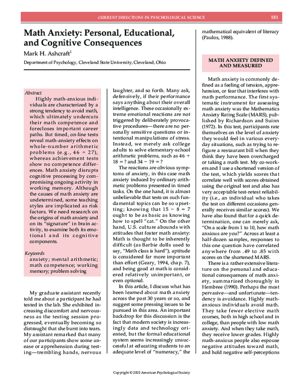(PDF) Math anxiety: Personal, educational, and cognitive consequences