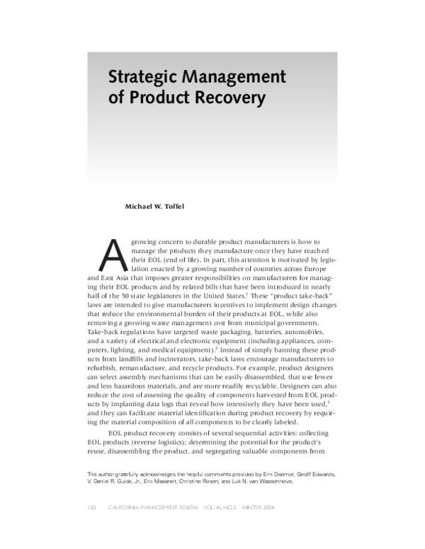 (PDF) Strategic Management of Product Recovery