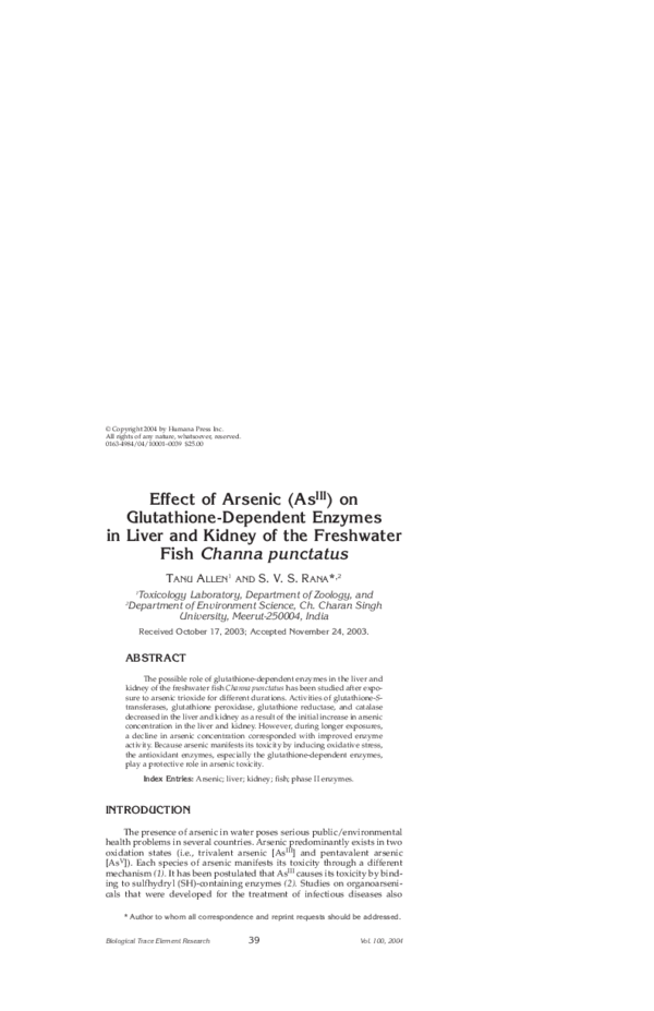 glutathione and arsenc Arsenic Induced Neurotoxicity Toxicity of Glutathione-Binding Metals: A
