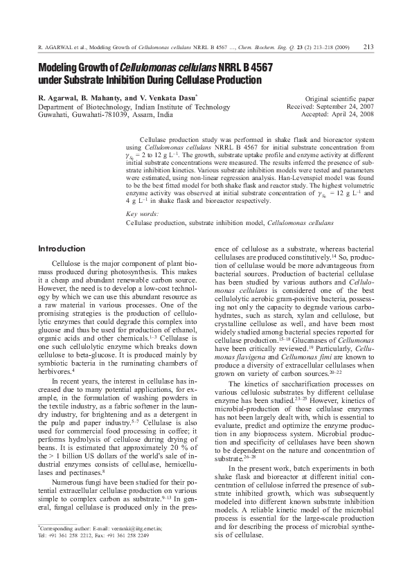 Pdf Modeling Growth Ofcellulomonas Cellulansnrrl B 4567 Under Substrate Inhibition During Cellulase Production Nitesh Kumar Academia Edu