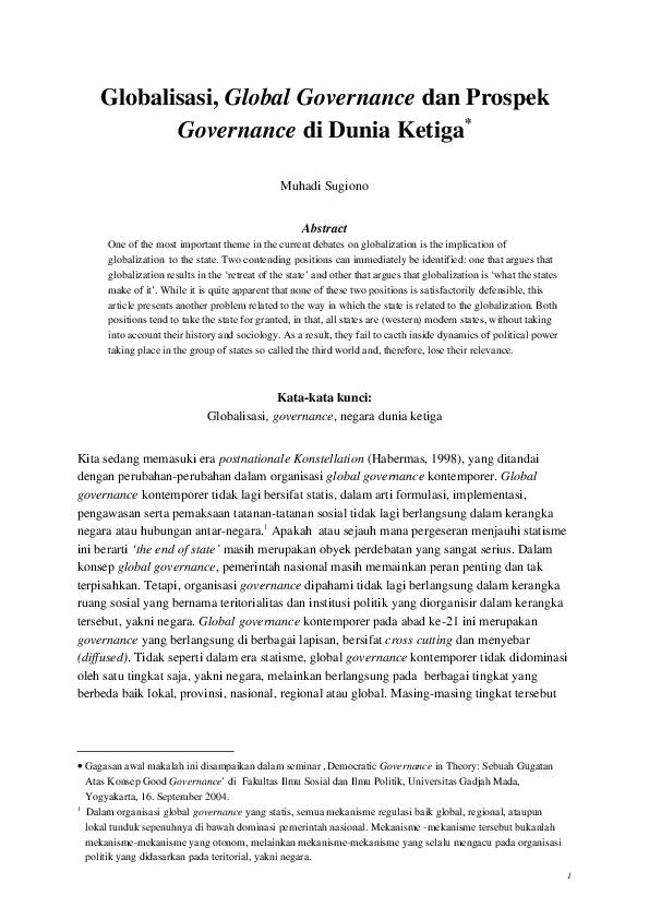 Pdf Globalisasi Global Governance Dan Prospek Governance Di Dunia Ketiga Muhadi Sugiono Academia Edu