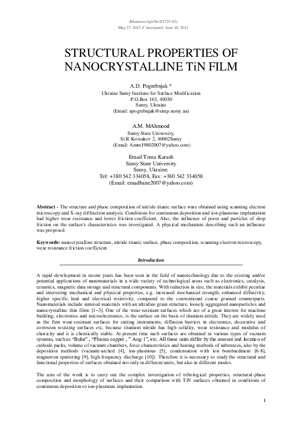 (PDF) STRUCTURAL PROPERTIES OF NANOCRYSTALLINE TiN FILM ijosm ijosm Academia.edu