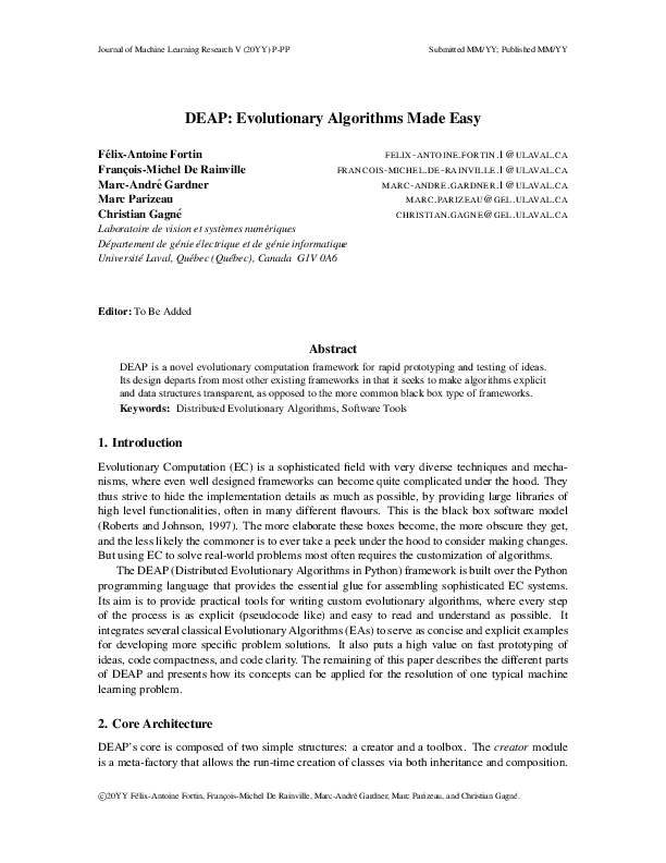 (PDF) DEAP: Evolutionary Algorithms Made Easy