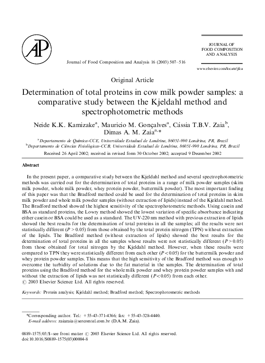(PDF) Determination of total proteins in cow milk powder samples a comparative study between