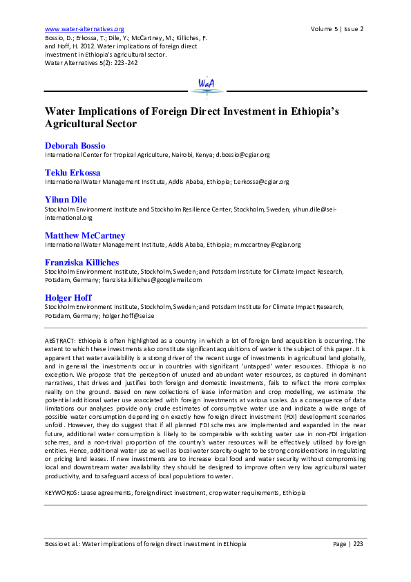 (PDF) Water Implications of Foreign Direct Investment in Ethiopia's ...