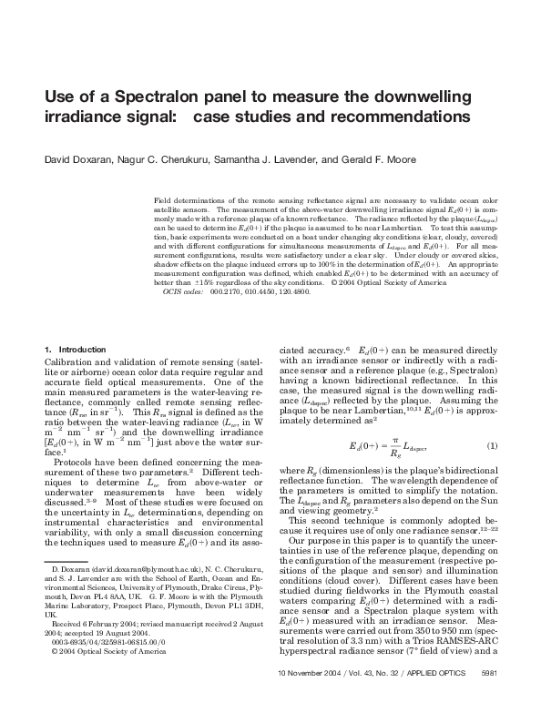 (PDF) Use of a Spectralon panel to measure the downwelling irradiance ...