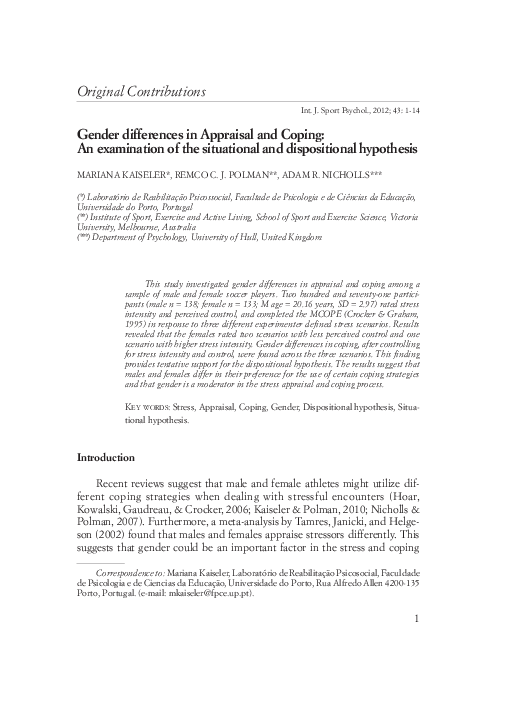(PDF) Gender differences in Appraisal and Coping: