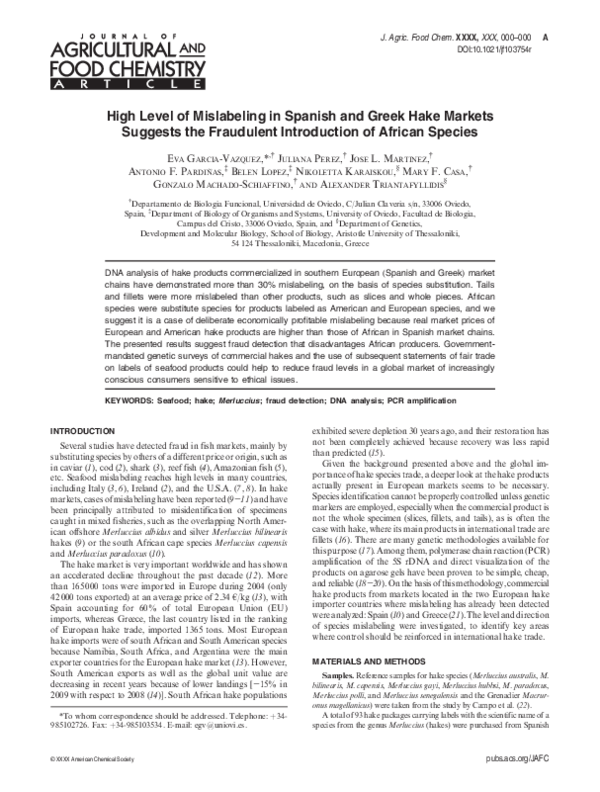 Pdf High Level Of Mislabeling In Spanish And Greek Hake Markets Suggests The Fraudulent Introduction Of African Species Antonio Fernandez Pardinas Academia Edu
