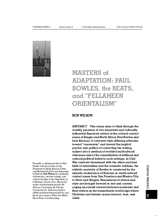 Pdf Masters Of Adaptation Paul Bowles The Beats And Fellaheen Orientalism Cultural Politics Rob Wilson Academia Edu