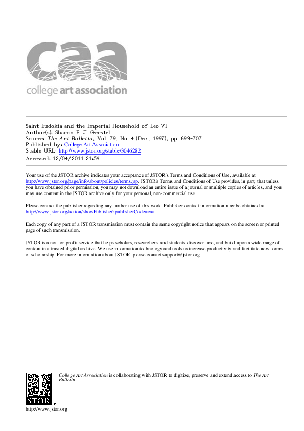 “St. Eudokia and the Imperial Household of Leo VI,” The Art Bulletin 79 (1997),  699-707.