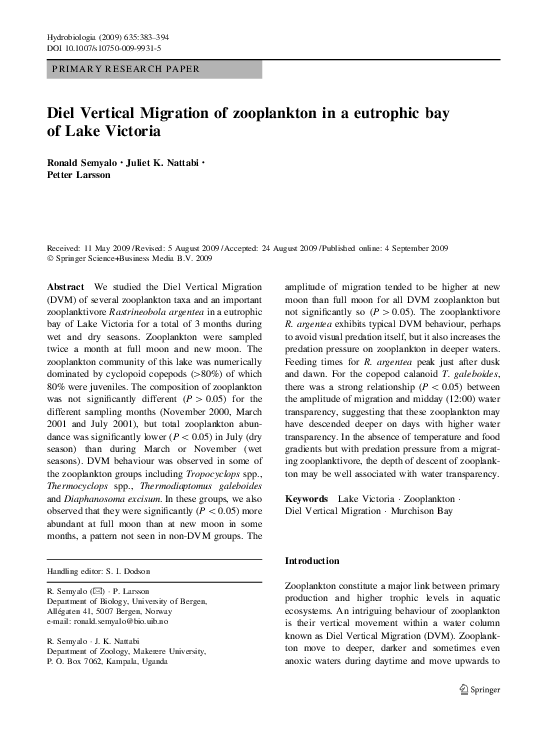 (PDF) Diel Vertical Migration of zooplankton in a eutrophic bay of Lake ...