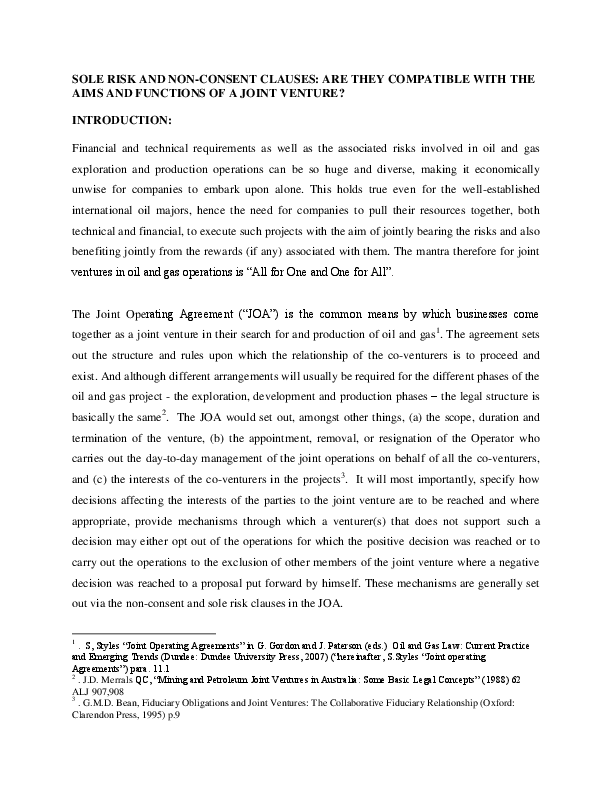 (DOC) SOLE RISK AND NONCONSENT CLAUSES ARE THEY COMPATIBLE WITH THE