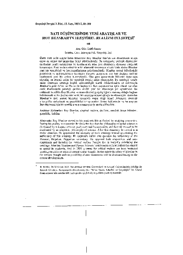 (PDF) Batı Düşüncesinde Yeni Arayışlar ve Roy Bhaskar'ın Eleştirel