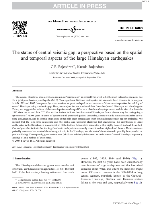 (PDF) The status of central seismic gap: a perspective based on the ...