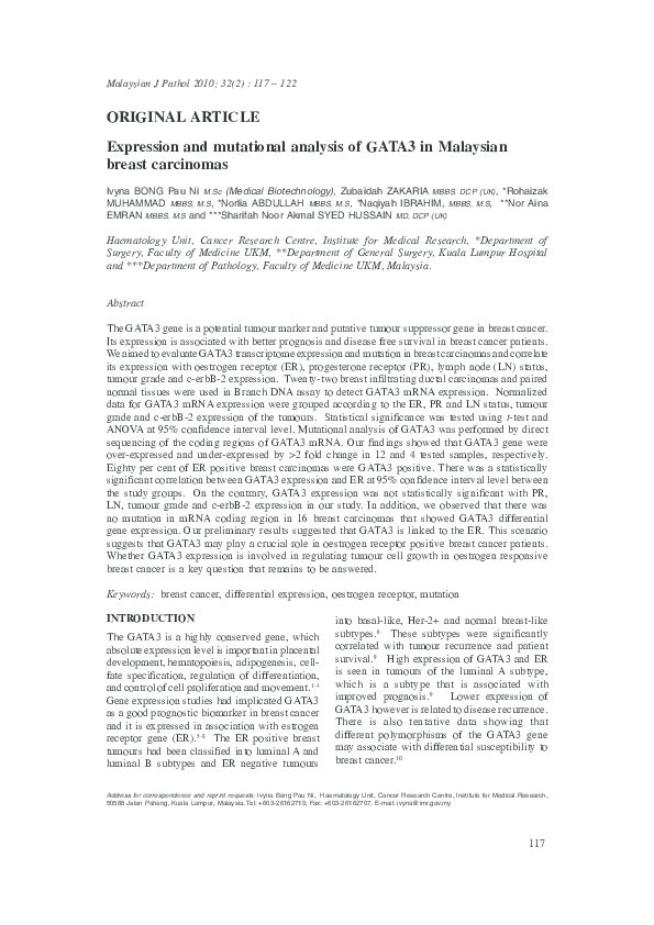 (PDF) Expression and mutational analysis of GATA3 in Malaysian breast ...