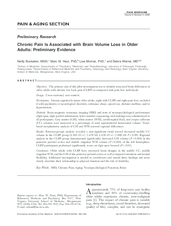 (PDF) Chronic pain is associated with brain volume loss in older adults ...
