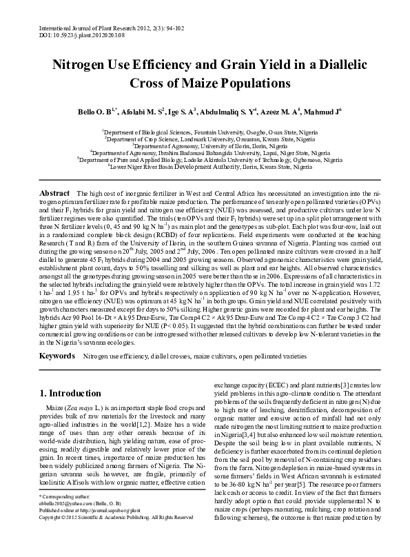 (PDF) Nitrogen Use Efficiency and Grain Yield in a Diallelic Cross of ...