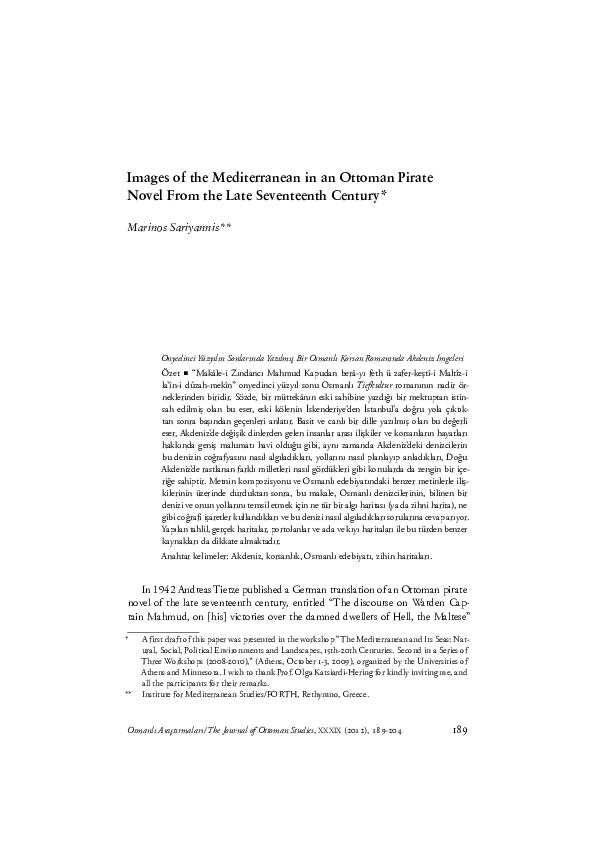 Images of the Mediterranean in an Ottoman Pirate Novel from the Late Seventeenth Century