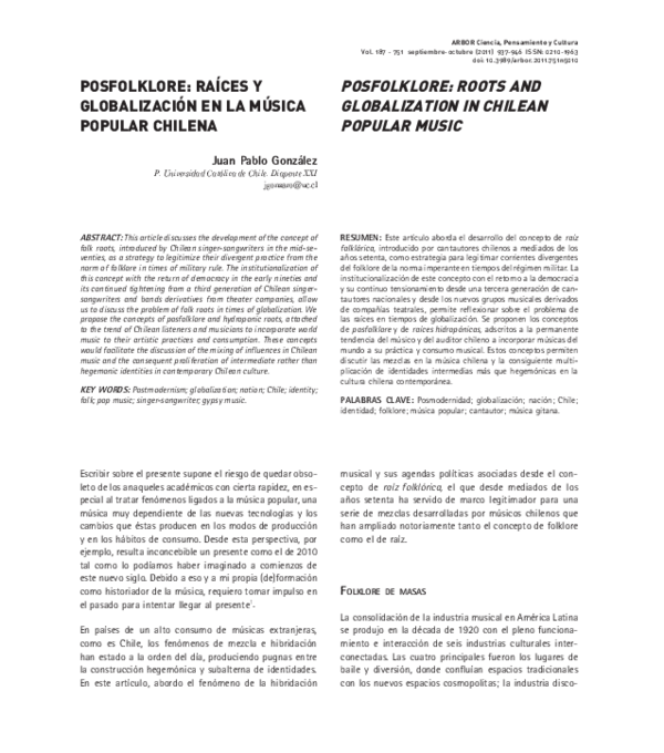 (PDF) Posfolklore raíces y globalización en la música popular chilena JuanPablo González