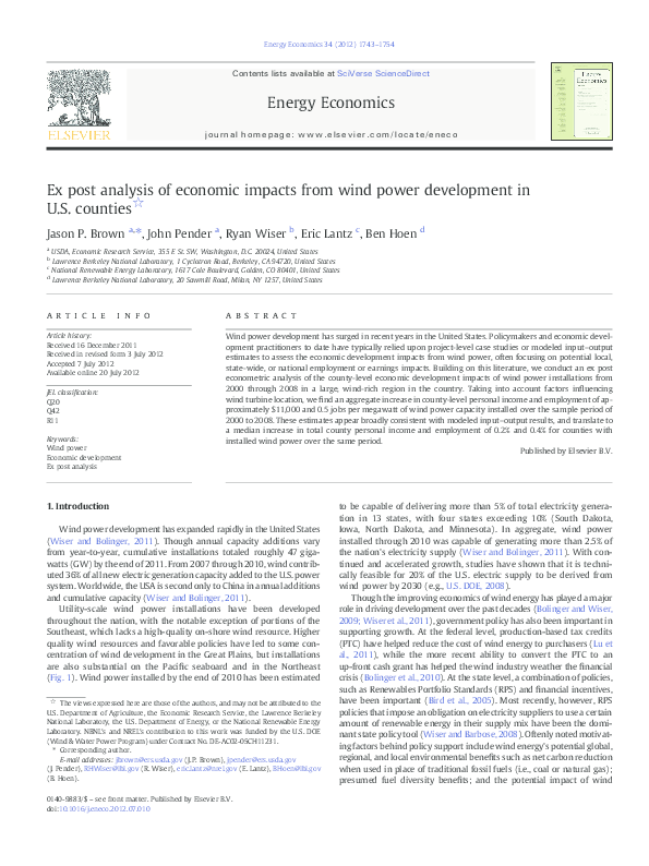 (PDF) Ex Post Analysis of Economic Impacts from Wind Power Development ...
