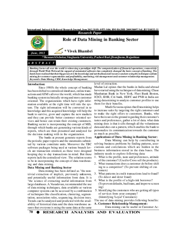 (PDF) Role of Data Mining in Banking Sector