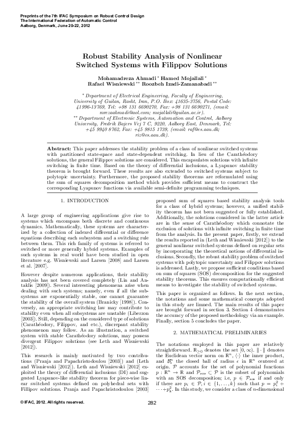 (PDF) Robust Stability Analysis of Nonlinear Switched Systems with ...