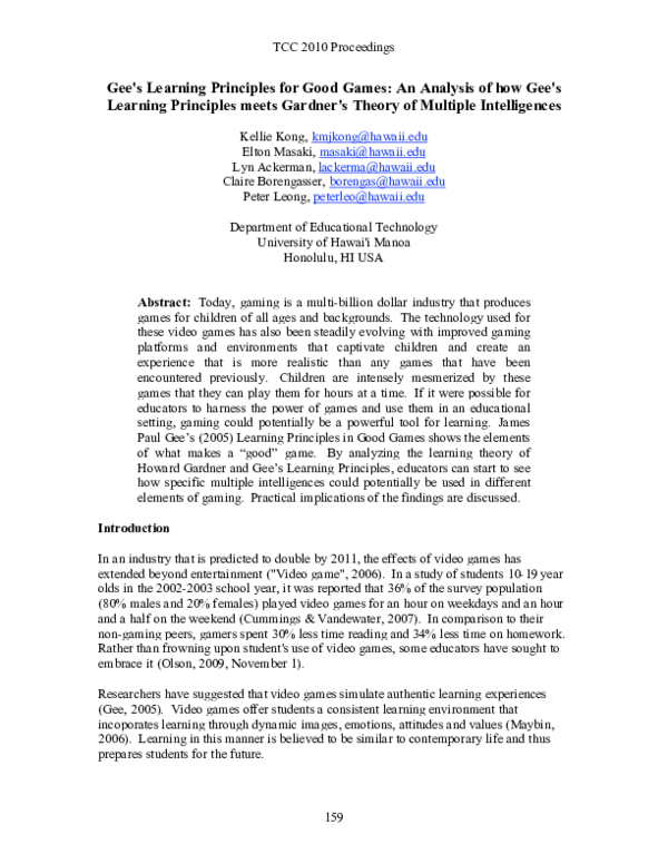 (PDF) Gee's Learning Principles for Good Games: An Analysis of how Gee ...
