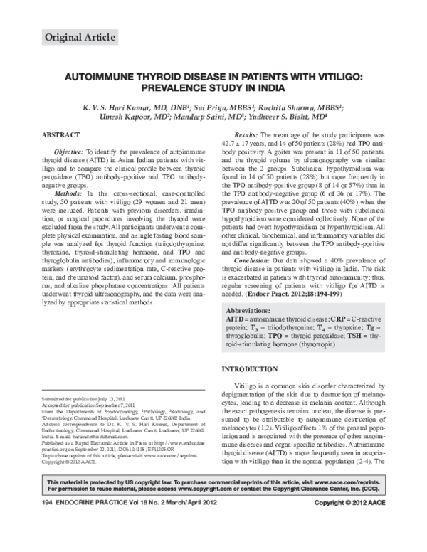 (PDF) Autoimmune Thyroid Disease in Vitiligo: Prevalence Study from India