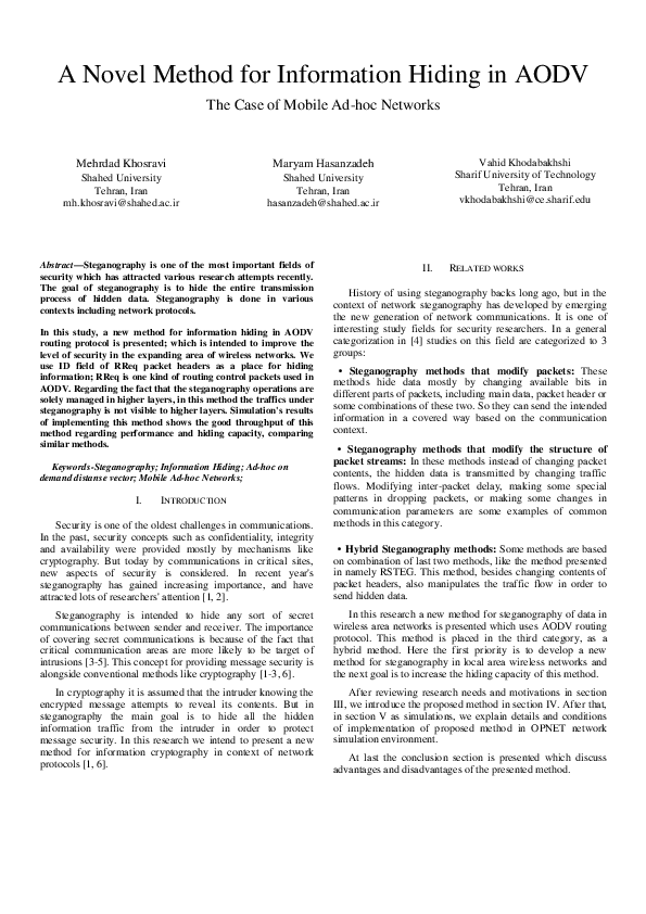(PDF) A Novel Method for Information Hiding in AODV: The Case of Mobile ...