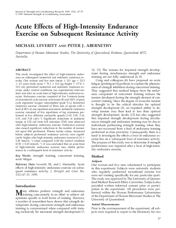 (PDF) Acute effects of high-intensity endurance exercise on subsequent ...