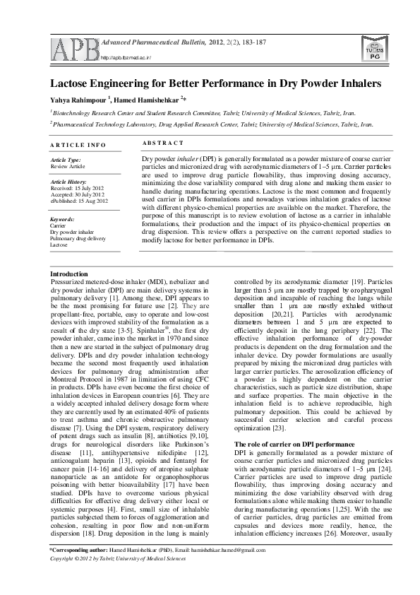 (PDF) Lactose Engineering for Better Performance in Dry Powder Inhalers